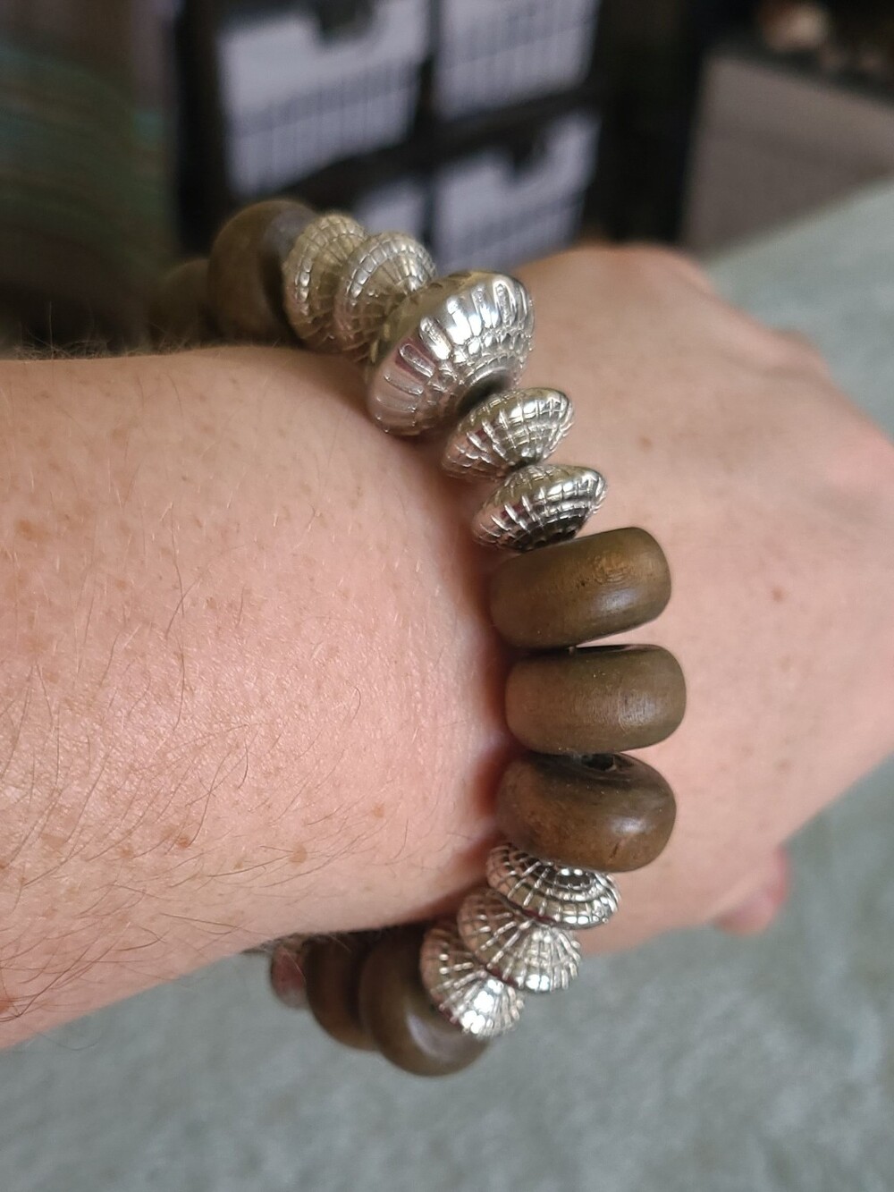Vintage Brown Wood and Silver Bead Bracelet